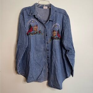 Vintage Christmas Winter Embroidered Denim Button Up (2XL)